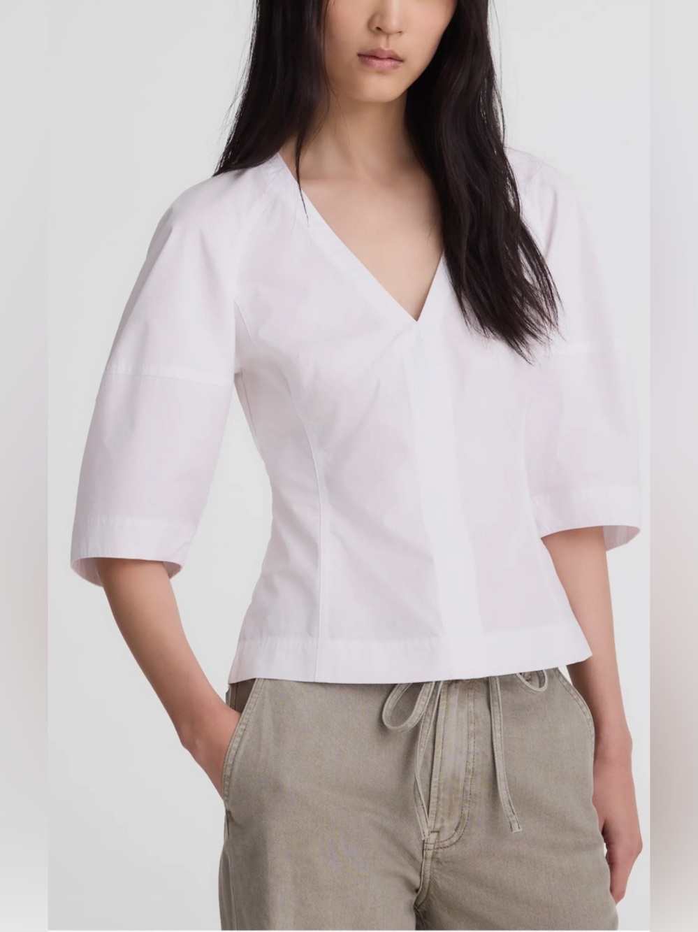 Madewell Poplin Cotton White Sculptural V-Neck Top Size 4 NWT